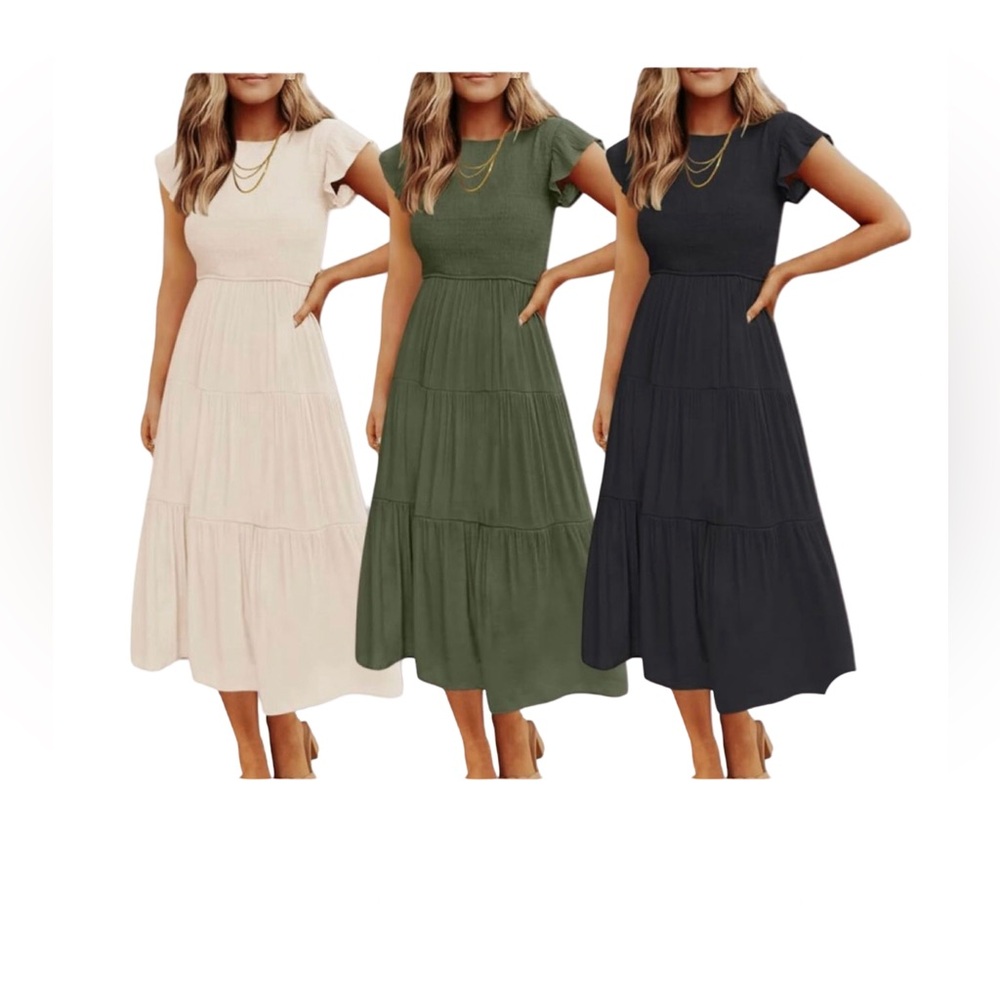 Zesica Chic Cream Midi Dress Smocked Top, Tiered A-Line Skirt Small NWT